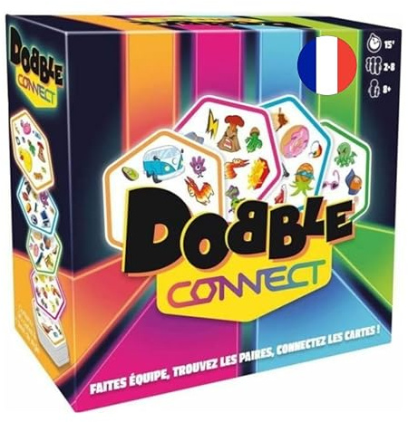 Asmodee DOBBLE Connect - Gioco da tavolo con carte, gioco di velocità, gioco familiare, per bambini a partire da 8 anni, allineare 4 simboli per vincere, 2-8 giocatori, 15 min, versione francese