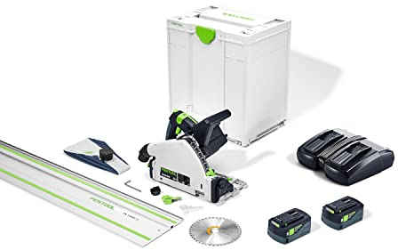 Festool Akku-Tauchsäge TSC 55 5,0 KEBI-Plus/XL-FS (mit Akkupacks, Schnellladegerät, Kreissägeblatt, Splitterschutz, Staubfangbeutel, Innensechskantschlüssel, Führungsschiene), im Systainer
