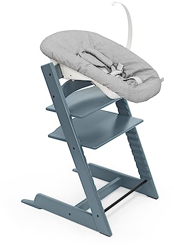 Stokke Tripp Trapp Chair (Fjord Blue) with Newborn Set (Grey) - Cosy, Safe & Simple to Use - for Newborns Up to 20 lbs