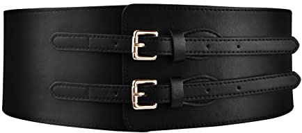 Wisebom Ceinture Élastique Femme, Cinch Corset en Cuir de 7.5cm, Double Boucle Stretch Vintage pour Robe, Chemise, Manteaux (Noire)