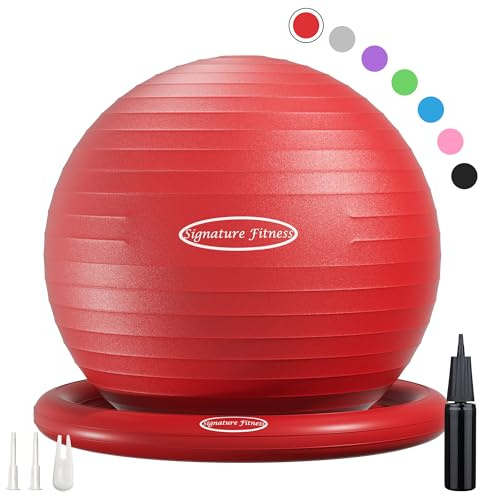Fitvids Gym Ball with Inflatable Ring Base, Anti-Burst and Non-Slip, Yoga Chair for Home or Office Desk, Includes Pump, Red, 65 cm