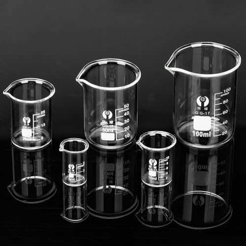 HATANSE 5 Pièces Bécher Gradué en Verre Borosilicate 5ml 10ml 25ml 50ml 100ml Béchers Forme Basse pour Laboratoire Cuisine et École