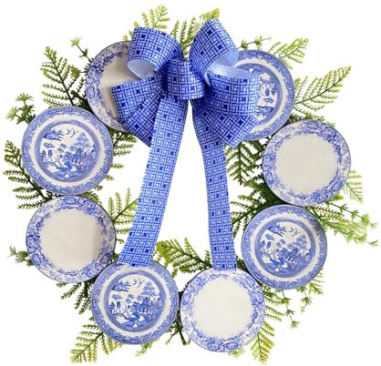 Ghirlanda natalizia in salice - Ghirlanda natalizia come decorazione per la porta d'ingresso, ghirlanda contadina realizzata con piatti in porcellana | Ghirlanda rustica da parete, ghirlanda per porta