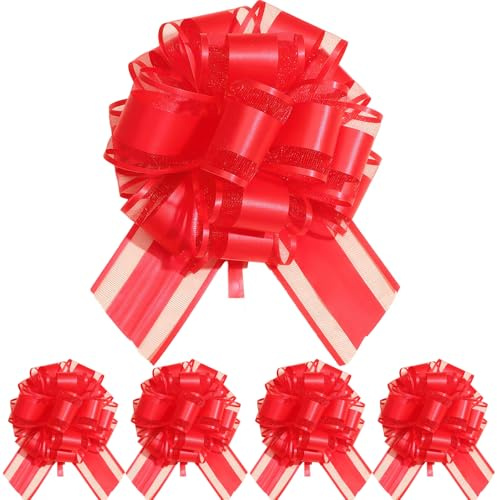NECXON 5 Pezzi di Fiocchi da Tirare, Grandi Fiocchi per incartare i Regali, Nastri per Auto da Matrimonio, Fiocchi Rossi per incartare i Regali, Decorazioni per Matrimoni (18 cm/7,1 Pollici)