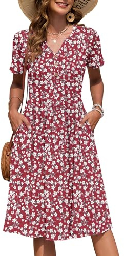 AUSELILY Robe Femme d'été à Manches Courtes Longueur Genou avec Poches | Col en V, avec Boutons, Mi-Longue, Style Empire
