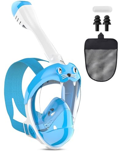 BBLTIFF Schnorchelmaske Kinder, Tauchmaske Vollgesichtsmaske mit Schnorchel, CO2 Sichere Tauchmaske, 180° Panoramablick, Mit Ohrstöpseln & Aufbewahrungsbeutel, für Kinder von 4-12 Jahren (XS, Blau)