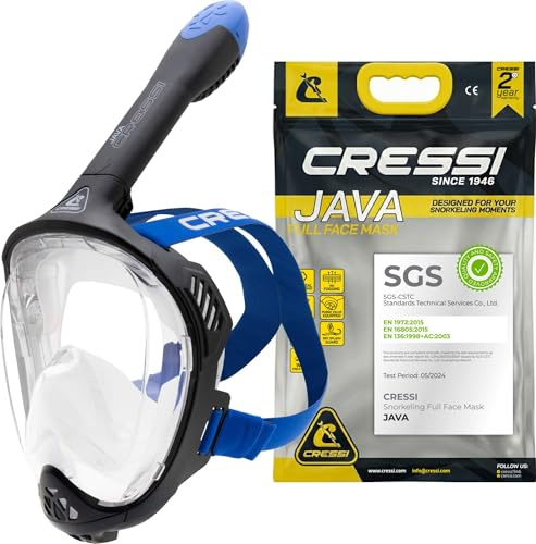 CRESSI Desde 1946 - Java Full Face Mask - Máscara Integral Compact Fit para Snorkeling, Lente Ultra Clara Antivaho, 100% Silicona, Tubo Seco con Válvulas de Seguridad, Negro/Azul, S/M