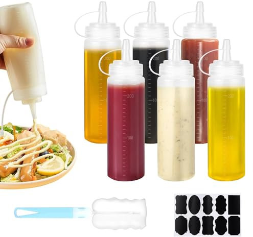 BCENG 6 Stück Quetschflasche mit Kappen 240 ml Condiment Squeeze Bottle 8 oz Plastik Saucenflasche 10pcs mit Aufkleber Reinigungsbürste für Backen Ketchup Scharfe Soße Olivenöl Senf Malen Pigment