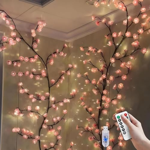 HoldOneLight 7.5FT LED Cherry Blossom Branch Lights, 144LEDs Vine Garland with Remote & 8 Lighting Modes, Indoor Wall Decor for Bedroom, Wedding, Christmas
