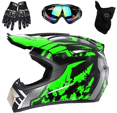 Casco Integrale da Motocross Per Adulti E Bambini, con Occhiali, Guanti E Maschera, Per Moto, Fuoristrada, Enduro, Downhill, Atv, Bmx, Mtb, Omologato DOT(Green Run,S(52-53cm))
