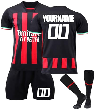 Maglia da Calcio Milan Personalizzata per Bambini/Adulti con Nome e Numero, Maglia Calcio Home/Away, Pantaloncini Calzettoni Set Tuta da Allenamento per Ragazzi/Uomini