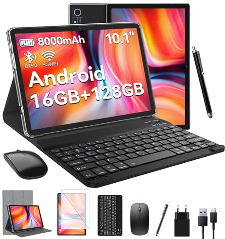 FEONAL Android Tablet 10 Zoll, 16GB RAM+128GB ROM(1TB TF), 5G WiFi Tablet Mit Tastatur Maus Stift & Hülle, Octa-Core, 8000mAh Akku, 21MP Kamera,Type-C/GPS/OTG - Schwarz