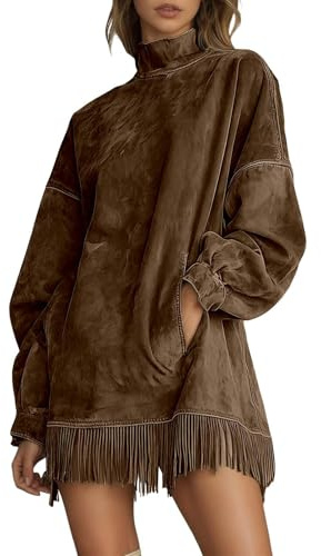 Generisch Abito da donna invernale a maniche lunghe, con collo alto, in finta pelle scamosciata, con nappa, sexy, da sera, per feste, per il tempo libero, da donna, anni '80, marrone, M