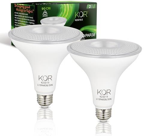 KOR PAR38 LED Flood Light Bulbs, 100W Equivalent, Dimmable, 3000K, 2 Pack