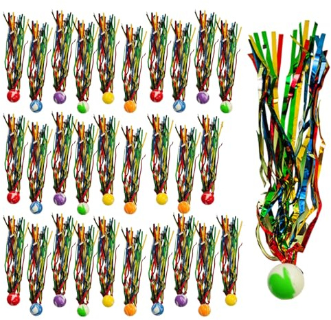 Veebmys 30 Palline Rimbalzanti per Bambini,Diametro 2,5 cm, in Gomma con Nastri Colorati per Giochi all'Aperto, Adatte per Regali di Compleanno, Scuola, Palle di gioco e Feste