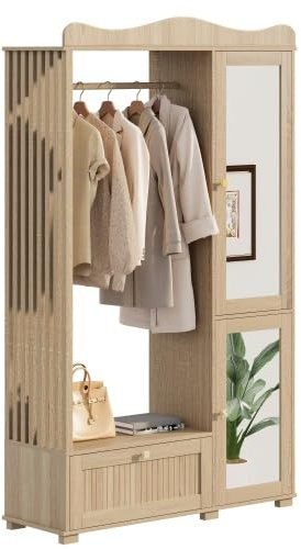 kozamas Armoire avec miroir et tringle à vêtements ouverte - Garde-robe compacte avec tiroir et 2 portes - Couleur chêne - 115,5 x 38,5 x 194,5 cm - Pour chambre à coucher et couloir