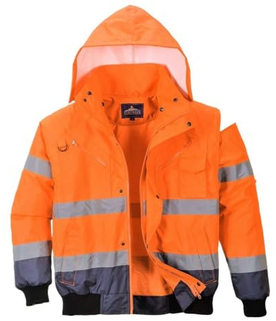 Portwest C465 Hi-Vis 3-in-1 Waterproof Contrast Hooded Bomber Jacket with Pockets - Reflective Outdoor Safety Security Workwear Coat, Orange/Navy, 4XL