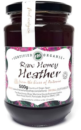 Miel de bruyère bio brut Antonio's 500 g/gamme premium primée, antibactérien, non pasteurisé, certifié biologique/The Raw Honey Shop