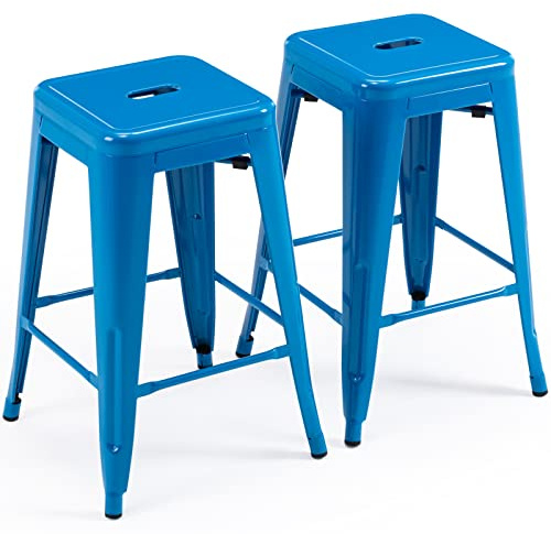 Vogue Furniture Direct 24 Inch Metal Bar Stools, Backless Counter Height Barstools, Indoor Outdoor Stackable Stools with Square Seat, Set of 2 (Blue)