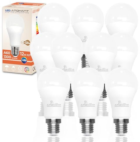 LED ATOMANT Pack 10x Bombilla LED E27 A60 12W, Color Blanco Frio (6500K), 1300 Lumenes, Casquillo grueso, Equivalente a 120W tradicional, No regulable