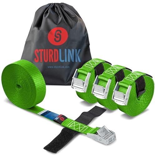 Juego de 4 Pequeñas Correas de Sujeción 4m 25mm 250kg con Hebilla Rápida y Sistema para Atar + Bolsa, para Bicicletas, Porta Equipajes Coches Techo, Remolques, Surf, Canoas, Carga, Camping STURDLINK