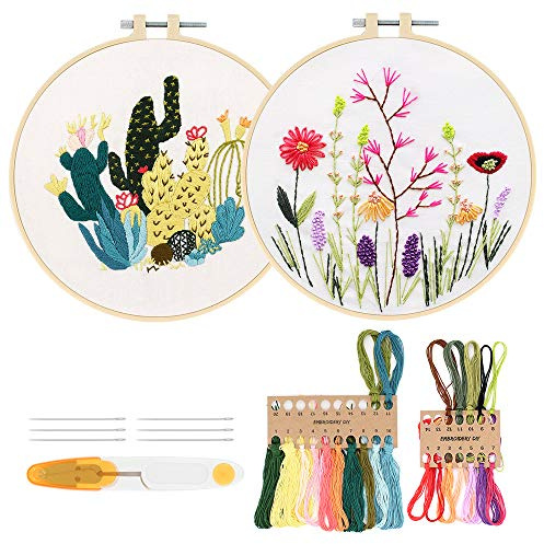 Starter Kit per Ricamo con Motivo e Istruzioni, 2 Set Gamma Completa di Kit per Ricamo per Principianti, Kit per Punto Croce con Cerchi per Ricamo, Strumenti per Fili Colorati