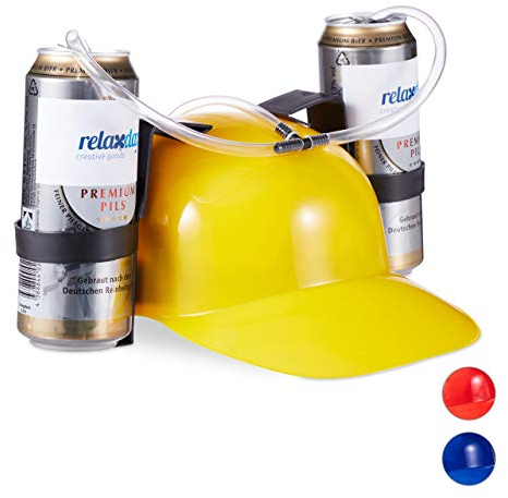 Relaxdays 1 x Party Trinkhelm, Helm mit Schlauch, für 2 Dosen Bier, Spaßartikel Fasching u. Fußball, lustiger Bierhelm, gelb