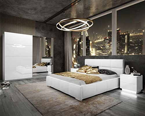 lukmebel Schlafzimmer-Set 1 x Polster-Schlafbett B180 x L200 cm, 1 x Schrank B244 x H215 x T62 cm mit Schiebetüren, 2 x Nachttisch mit LED 55 x 49 x 37 cm, Hochglanz-Optik, Madryt 920