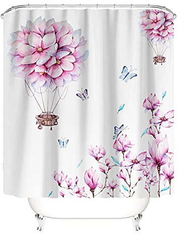 M&W DAS DESIGN Duschvorhang asiatisch Kirschblüten Ballon Japanische Pflanzen Textil Rosa Vorhang Schimmel Resistent waschbar Blätter Schmetterlingen inkl. 12 C-Ringe Gewicht unten