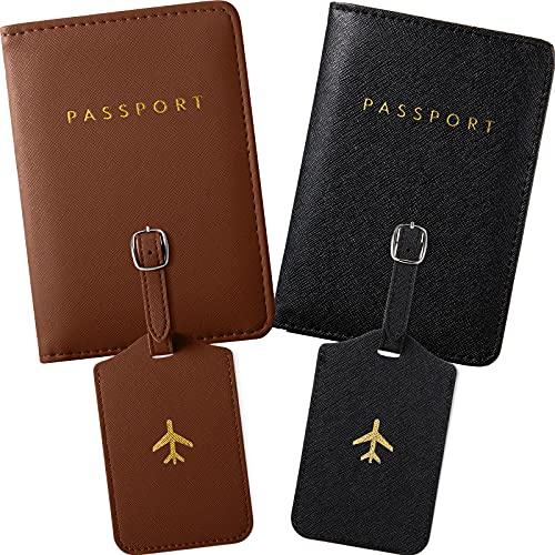 Weewooday Lot de 2 Housses de Passeport et 2 étiquettes de Bagage, Porte-Passeport, étiquette de Valise de Voyage (Marron, Noir)