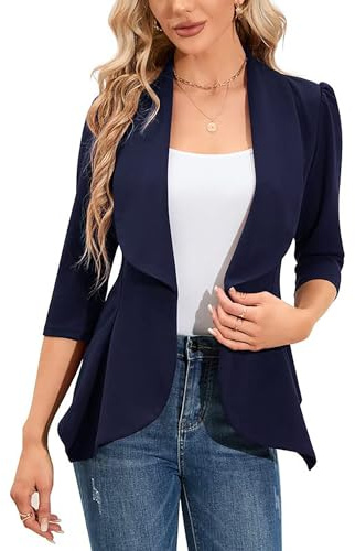 Clearlove Blazer dam elegant business kavaj 3/4 ärm lång smal passform vårjacka, Marinblå, XXL