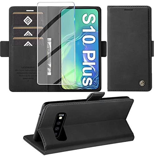 Giyer Handyhülle für Samsung Galaxy S10 Plus Mit Schutzfolie, Standfunktion, Kartenfach - Premium Leder Schutzhülle, Flip Case Cover, Stoßfeste Klapphülle, 6.4 Zoll (Schwarz)