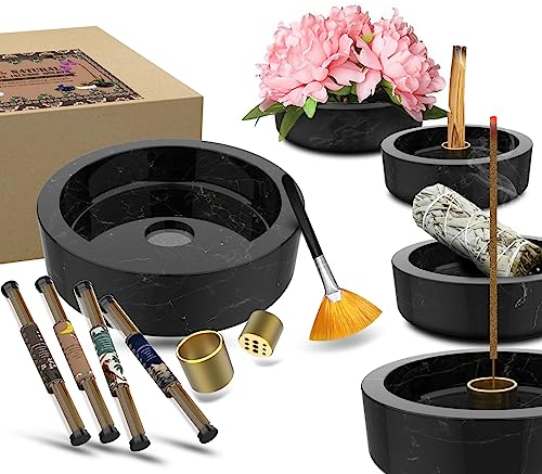 Räucherstäbchen Halter Marmor Mückenspirale Halter - Groß 6-in-1 Multifunktional Räucherstäbchenhalter für mückenabwehr Palo Santo mit Räucherstäbchen als Geschenk (Schwarz Grau)