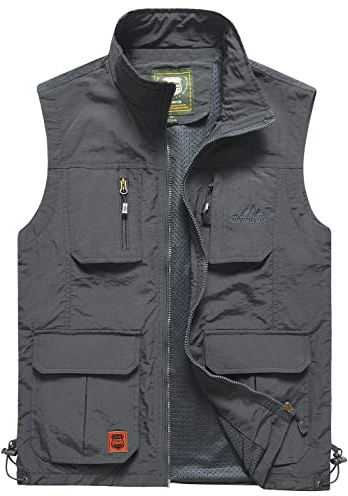 Yukirtiq Hombre Chaleco de Pesca Ligero Chaleco Sin Mangas de Secado Rápido Transpirable Chaleco de Trabajo con Bolsillo Múltiple para Senderismo Caza, Gris, M