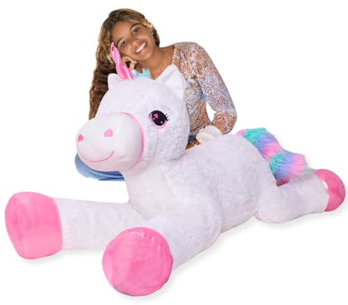TE-Trend XXL Einhorn Plüschtier 120cm weiß - Kuscheltier mit rosa Glitzerhorn und Regenbogen Schweif, ideales Stofftier für liebevolles Schenken