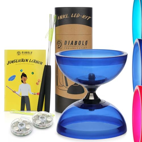 Diabolo Freizeitsport Jonglier-Set Pro Clear (blau) mit LED-Kit für LED Lichteffekte – inkl. Handsticks, Ersatzschnur (160cm) und Gedruckter Anleitung
