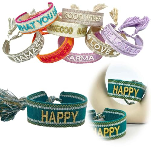 LS-LebenStil Exklusives Statement Armband - das Original - Happy Petrol Grün Gold 16-20cm Quasten besticktes Boho Canvas Webarmband Damen Freundschaftsarmband Geschenk gewebt textil Stoffarmband