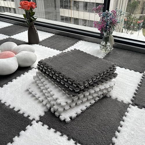 Spielmatten, 10 Stück, flauschiger Schaumstoff, quadratischer Bodenschutz, langhaarig, Puzzle, Spielzimmer, 30 x 30 x 1 cm, Grau und Weiß