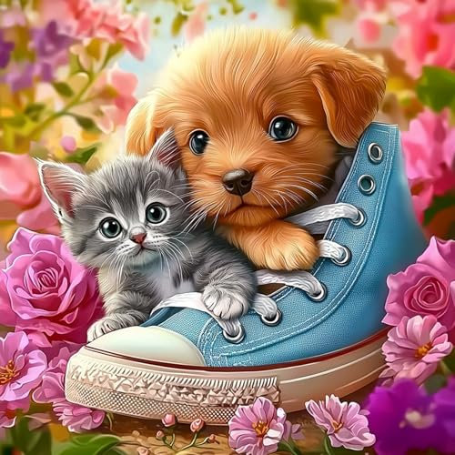 MAXBYE 5D Cute Dog&Cat Diamond Painting Art Kits Adults, DlY Animal Full Drill Diamond Art Kits Flower Gem Cross Stitch Easy Kits for Beginner Crystal Art Crafts Home Wall Decor Gift 30x30 cm