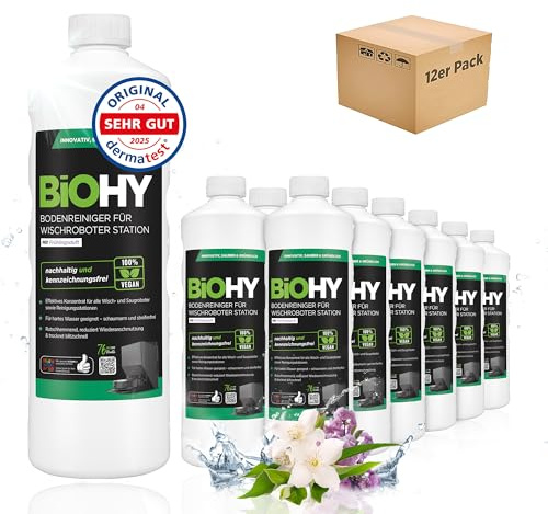 BiOHY Nettoyeur de sol pour robot laveur Station avec parfum printanier (12 x 1 litre) | Nettoyant concentré pour tous les types de balai et robot aspirateur avec fonction humide | Faible mousse et