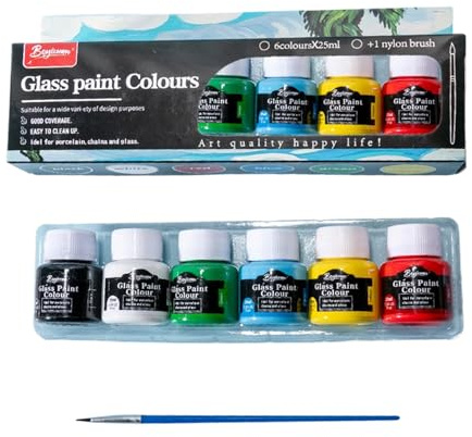 Glass Paint Kit - 6 Colors with Paint Pen, 25ml Non-toxic for Ceramic, Strong Covering Power for Crystal, Window and Wine Bottles