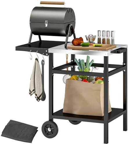 Outsunny Chariot de Barbecue en Acier Inoxydable avec étagère Pliante, Table de Cuisine extérieure pour Four à Pizza avec Roues, poignée, 6 Crochets et Housse de Protection, 91x58x76 cm, Noir
