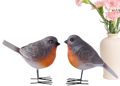 Lesunbak Robin fågel skulptur set med 2, harts fågelstatyer, harts moderna dekorativa ornament för vardagsrum badrum utomhus gård