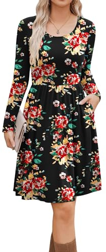 Zeagoo Dress for Women UK Long Sleeve Round Neck A-Line Dresses Ladies Elegant T-Shirt Party Dress with Pockets