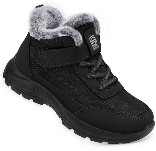 SHIBEVER Black Snow Boots Women Winter Warm Fur Lined Ankle Boots Waterproof Comfortable Non Slip on Lightweight Casual Walking Outdoor Shoes Size 8.5