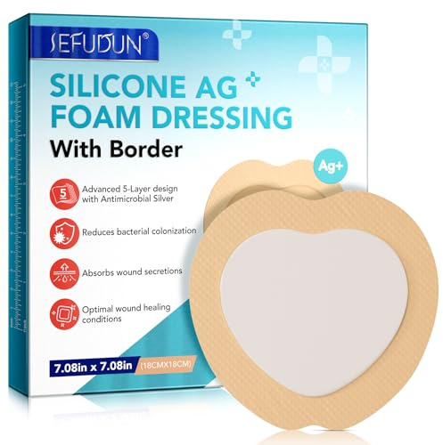 Medicazione Adesiva in Schiuma di Silicone con Bordo 18 cm x 18 cm (Tampone 11 cm x 13 cm), Cerotto Impermeabile e Assorbente per Ferite Essudanti, 5 pcs