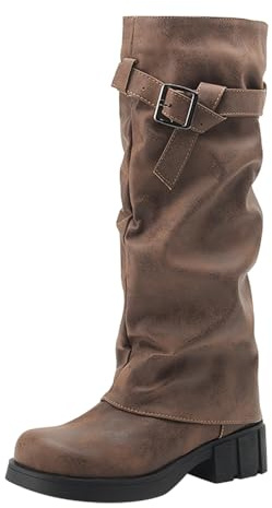 Ridstövlar dam bred vad, cowboystövlar dam höga västerländska stövlar platåstövlar med blockklack vandringskängor bältesspänne traditionell stövlar cowgirl stövlar övergångsstövlar