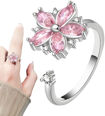 Bague Fleur – Cuivre, Ajustable 3g | Anneau Anti-Stress Rotatif Rose Fleur De Cerisier | Bijou Élégant Zircon Cubique pour Femme, Port Quotidien Et Événements Spéciaux