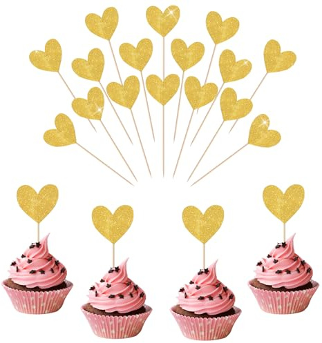 Corazón Decoración Tarta 40 Piezas Cupcake Toppers San Valentín Adornos Pastel Romántico Ideales para Bodas, Cumpleaños y Aniversarios (Dorado)