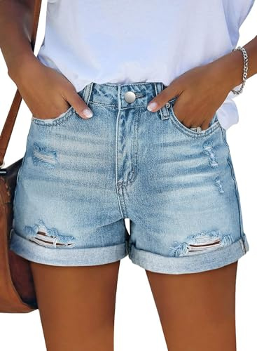 KISSMODA Denim Shorts for Women Summer Cut Off Short Button Jean Shorts Ladies High Waisted Ripped Denim Hot Shorts